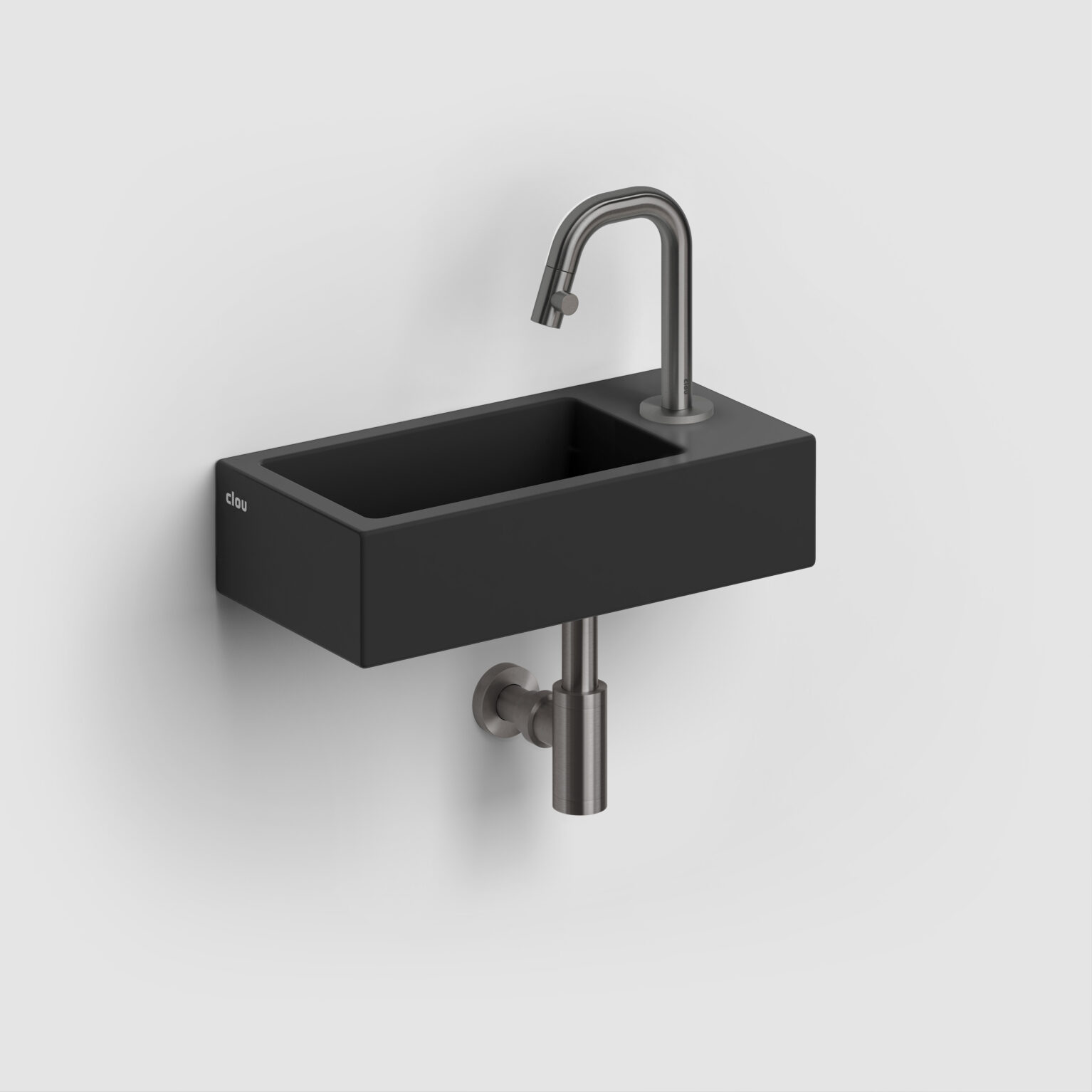 fontein-toilet-badkamer-luxe-sanitair-InBe-rechts-clou-36cm-Flush3-mat-zwart-CL0312030-Kaldur-koudwater-kraan-gunmetal-geborsteld-PVD-CL060500484R-MiniSuk-sifon-CL065301184