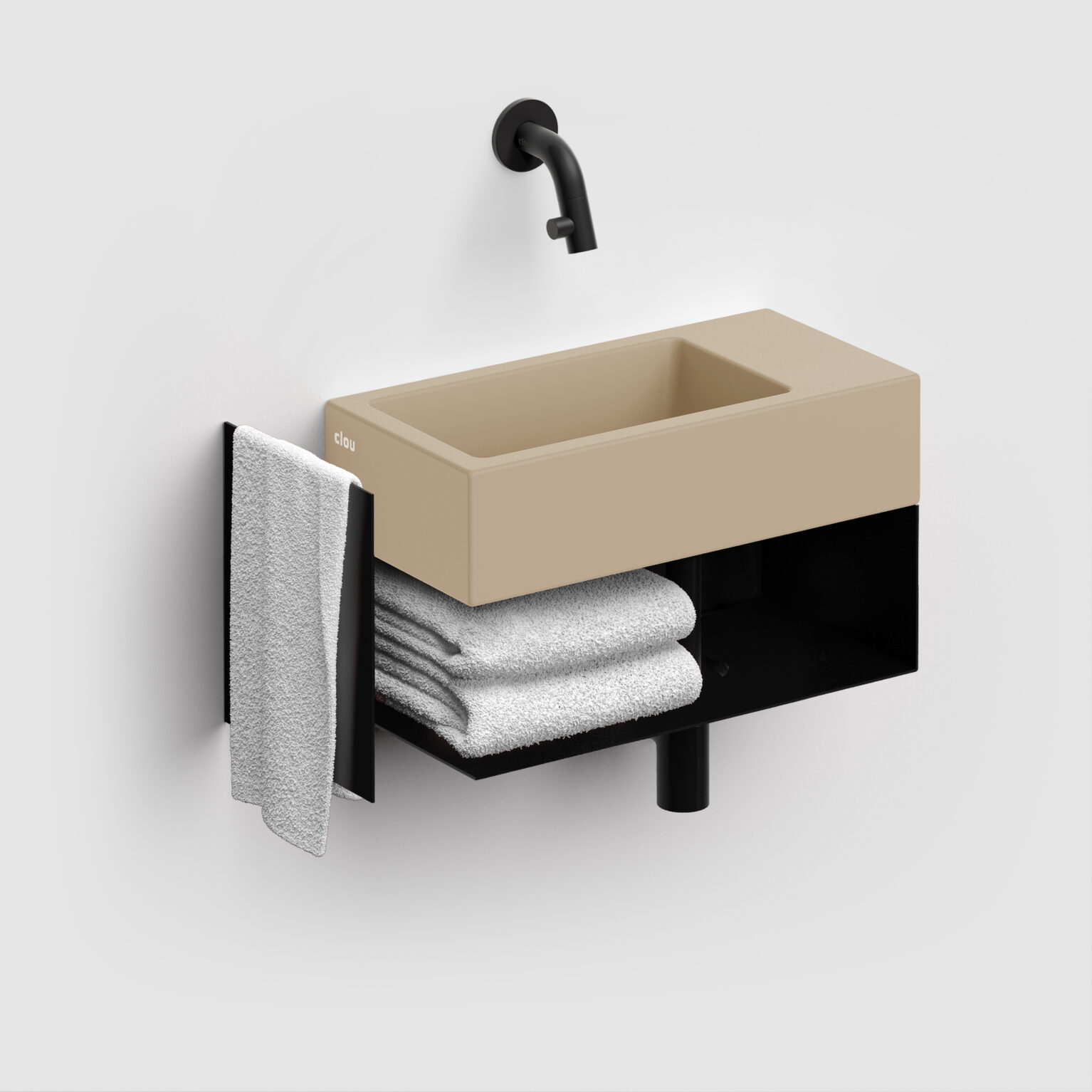 fontein-wastafel-beige-toilet-badkamer-luxe-sanitair-Flush-3-rechts-clou-CL0334031-keramiek-36cm-wandkraan-open-kast-mat-zwart-handdoek-houder-zandkleur