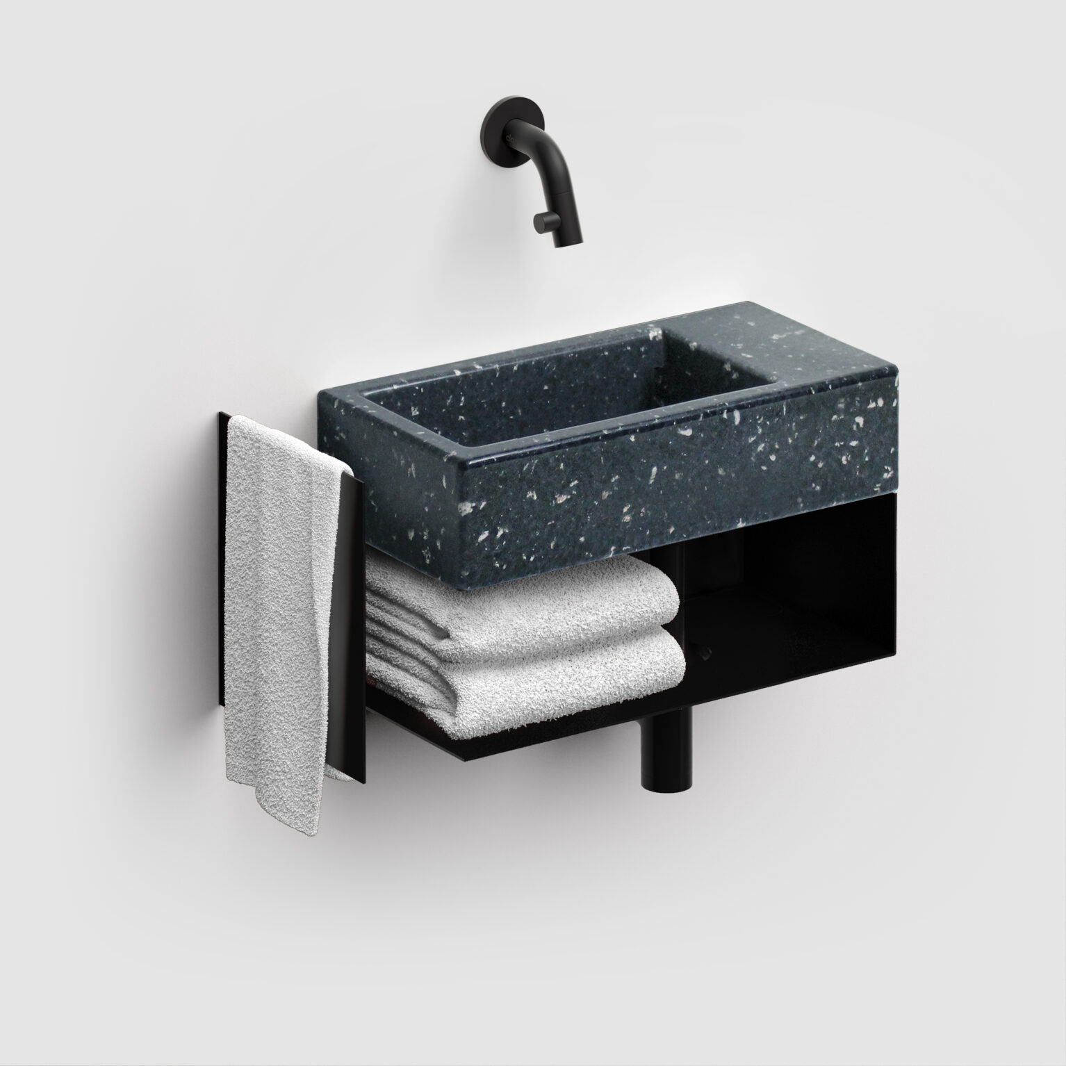 fontein-wastafel-terrazzo-zwart-toilet-badkamer-luxe-sanitair-Flush-3-rechts-clou-CL0380031-ecologisch-recycled-36cm-wandkraan-open-kast-mat-zwart-handdoek-houder-ecorazzo
