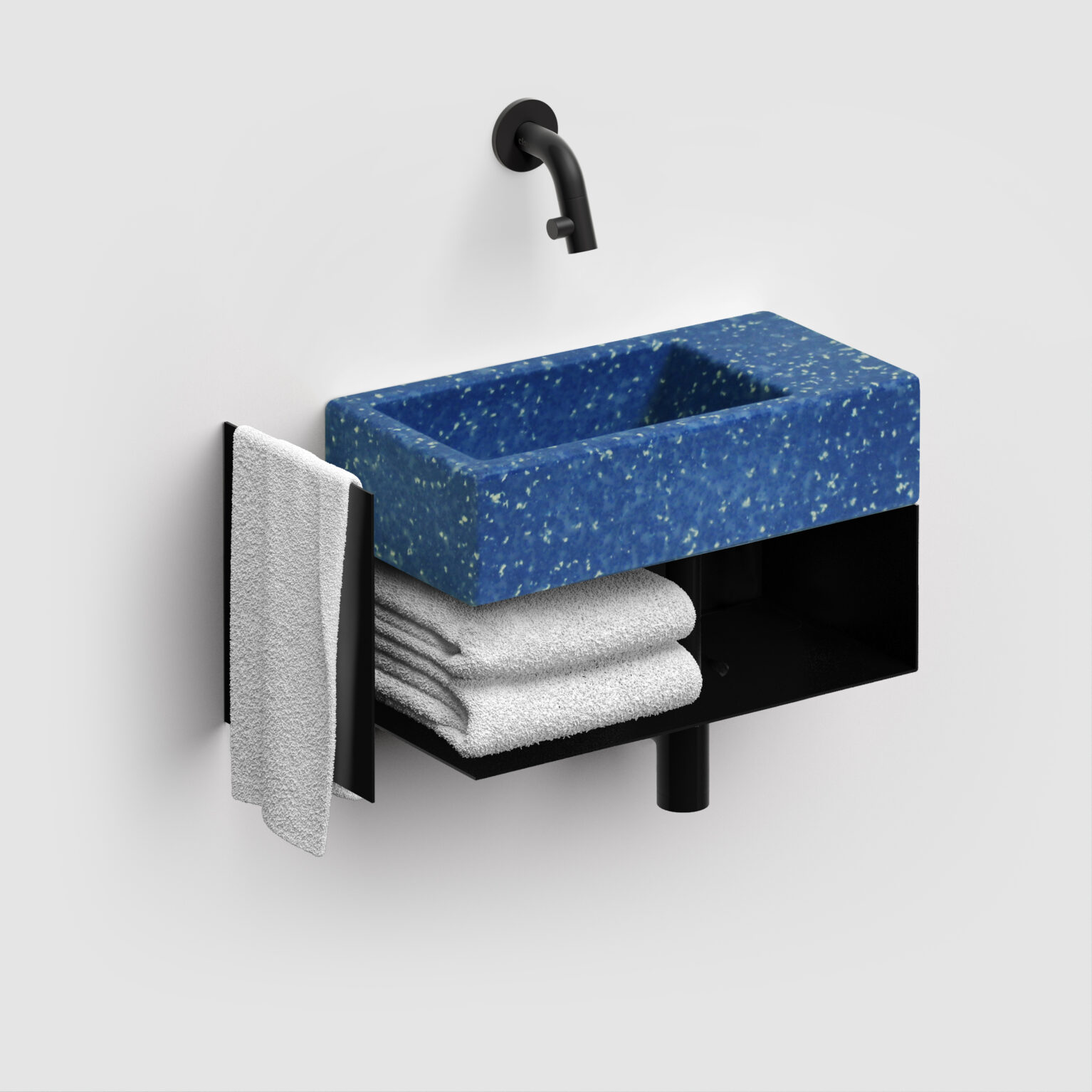 fontein-wastafel-terrazzo-blauw-toilet-badkamer-luxe-sanitair-Flush-3-rechts-clou-CL0382031-ecologisch-recycled-36cm-wandkraan-open-kast-mat-zwart-handdoek-houder-ecorazzo