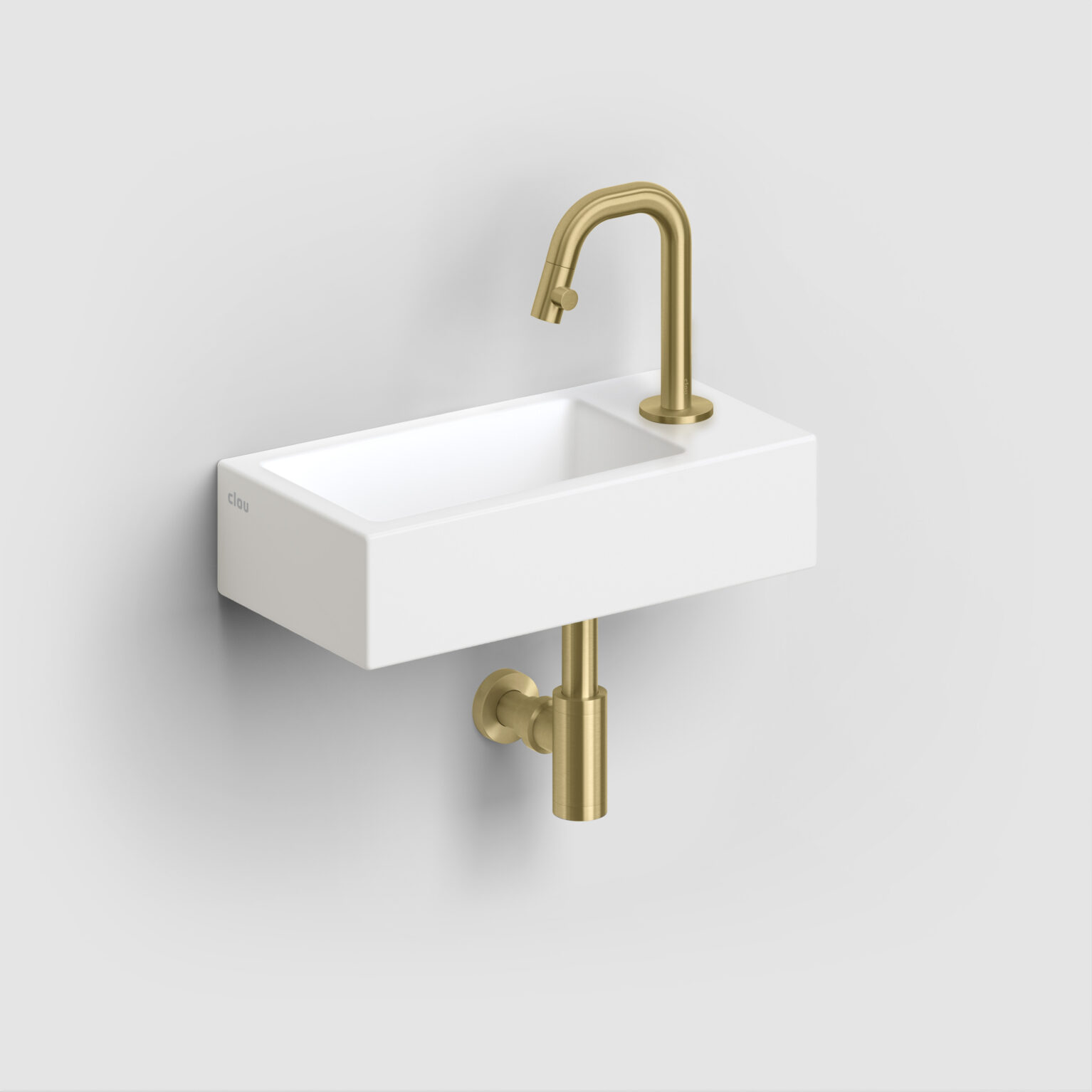fontein-toilet-badkamer-luxe-sanitair-InBe-rechts-clou-36cm-Flush3-mat-wit-CL0302030-Kaldur-koudwater-kraan-goud-geborsteld-PVD-CL060500482R-MiniSuk-sifon-CL065301182
