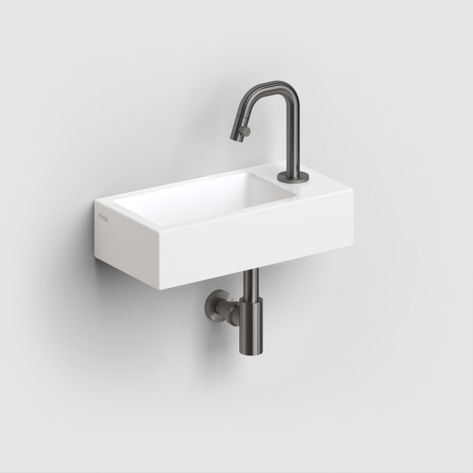 fontein-toilet-badkamer-luxe-sanitair-InBe-rechts-clou-36cm-Flush3-mat-wit-CL0302030-Kaldur-koudwater-kraan-gunmetal-geborsteld-PVD-CL060500484R-MiniSuk-sifon-CL065301184