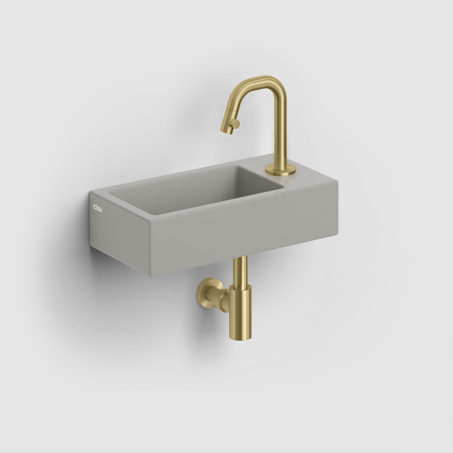 fontein-toilet-badkamer-luxe-sanitair-InBe-rechts-clou-36cm-Flush3-mat-grijs-CL0332030-Kaldur-koudwater-kraan-goud-geborsteld-PVD-CL060500482R-MiniSuk-sifon-CL065301182