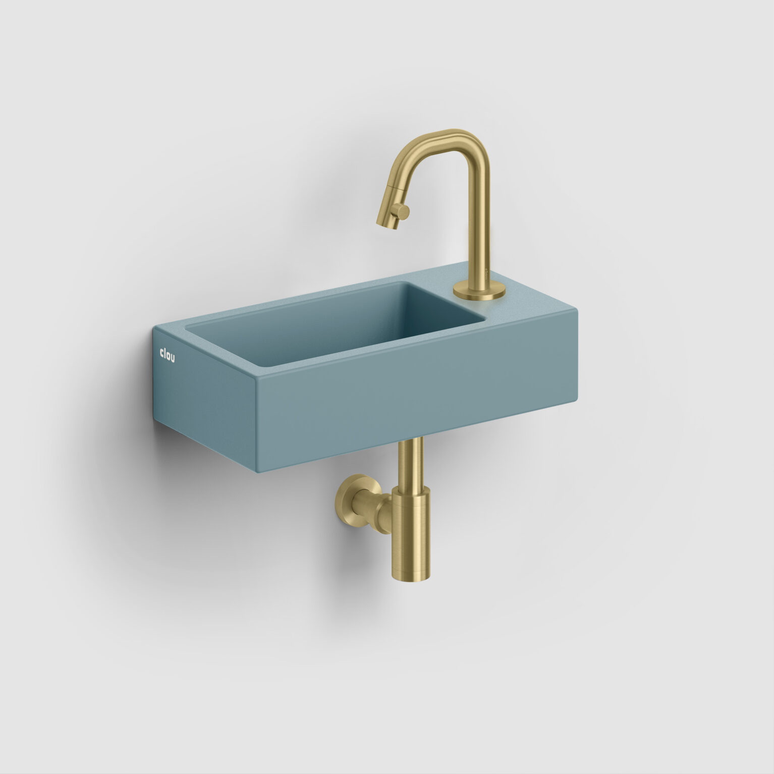 fontein-toilet-badkamer-luxe-sanitair-InBe-rechts-clou-36cm-Flush3-mat-blauw-CL0338030-Kaldur-koudwater-kraan-goud-geborsteld-PVD-CL060500482R-MiniSuk-sifon-CL065301182