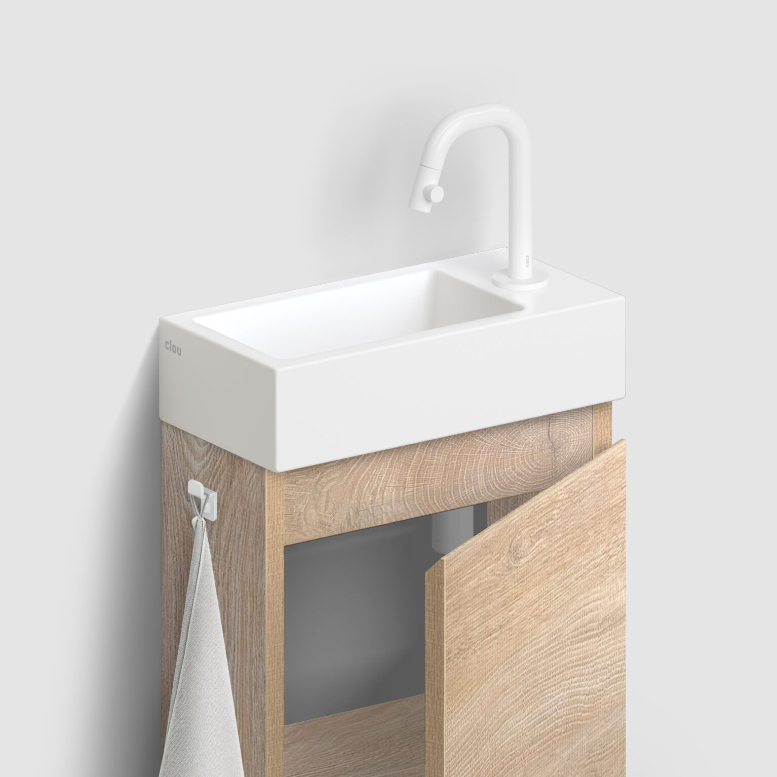 fontein-meubel-kastje-toilet-badkamer-luxe-sanitair-InBe-rechts-clou-IB0716703663-Grieks-eiken-melamine-36cm-opbergruimte-plankje-deur-fontein-Flush3-mat-wit-keramiek-CL0302030-Kaldur-koudwater-kraan-CL060500420R-MiniSuk-sifon-CL065301120-Fold-haakje-CL090406320