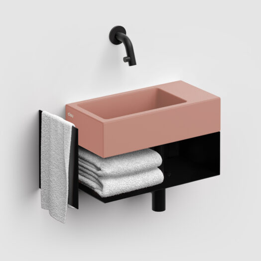 fontein-wastafel-roze-toilet-badkamer-luxe-sanitair-Flush-3-rechts-clou-CL0340031-keramiek-36cm-wandkraan-open-kast-mat-zwart-handdoek-houder