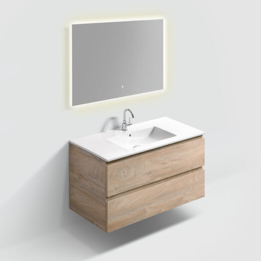 badkamer-meubel-set-kast-ladekast-100cm-twee-lades-wastafel-glanzend-wit-keramiek-met-kraangat-LED-spiegel-luxe-sanitair-InBe-clou-IB071062100163-grieks-eiken-melamine