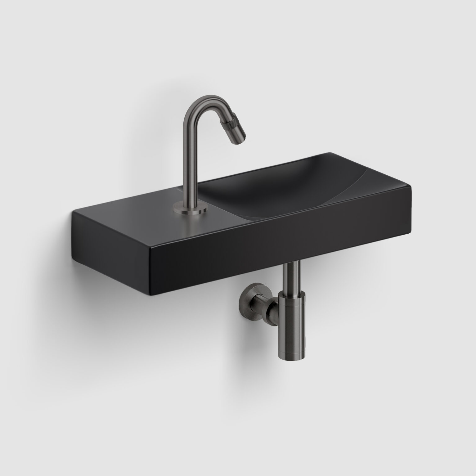 fontein-toilet-badkamer-luxe-sanitair-rechts-Clou-Vale-mat-zwart-CL033016201L-Freddo-Freddo9-koudwater-kraan-gunmetal-geborsteld-PVD-CL060301384-MiniSuk-sifon-CL065301184 