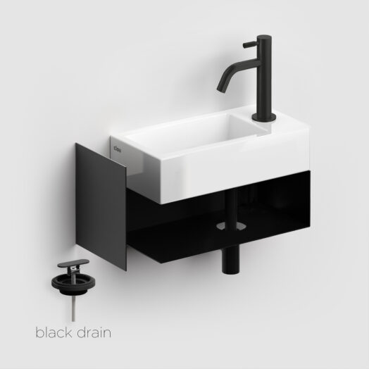 fontein-wit-toilet-badkamer-luxe-sanitair-One-Click-OneClick-clou-OC030003421-Flush-3-CL0303030-glanzend-wit-keramiek-rechts-36cm-Freddo-2L-staande-fonteinkraan-CL060300121L-mat-zwart-MiniSuk-sifon-CL065301121-afvoerplug-Flush-CL1060300021-meubel-fonteinkast-onderkast-staal-CL073603021