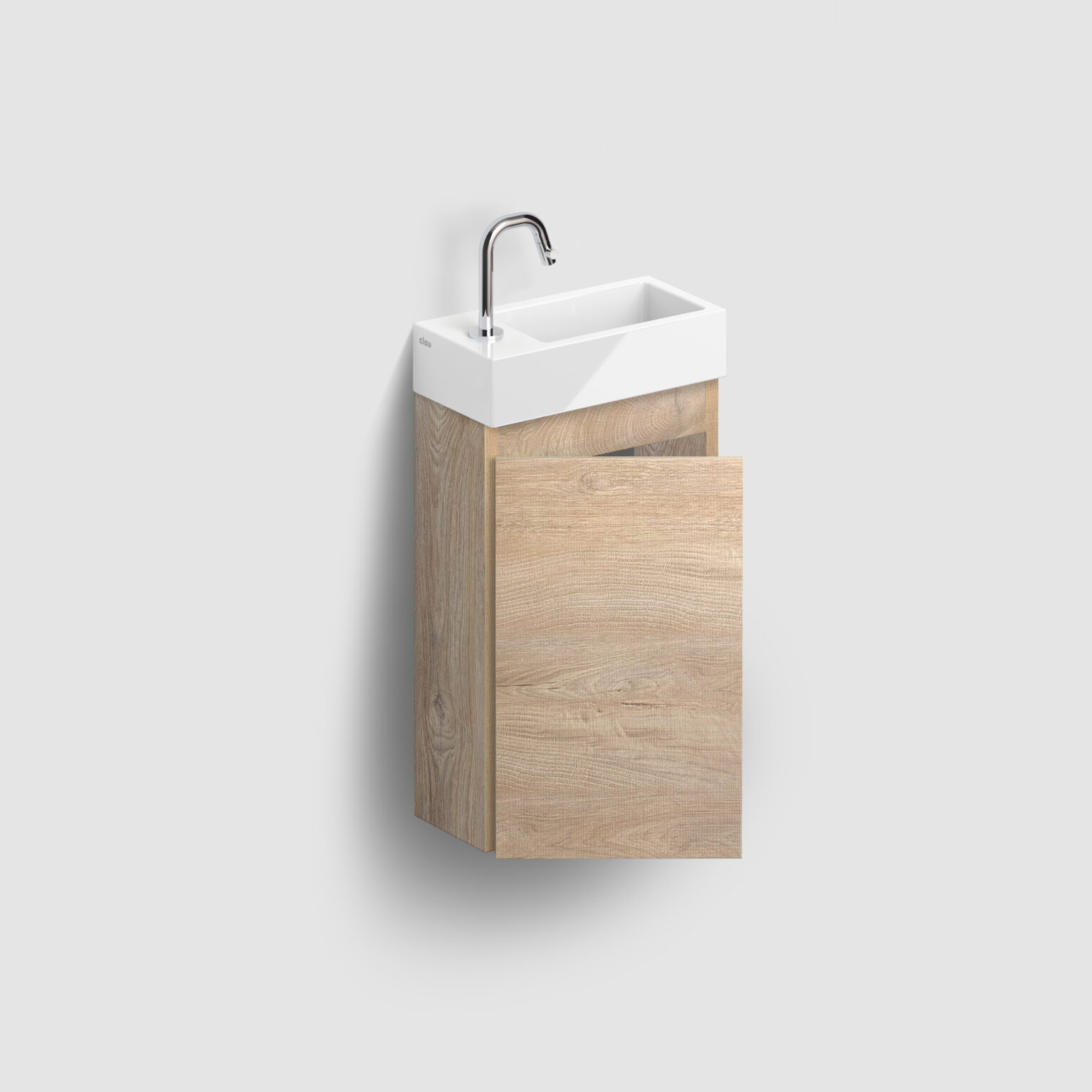 fontein-meubel-kastje-toilet-badkamer-luxe-sanitair-InBe-rechts-clou-IB0716703663L-Grieks-eiken-melamine-36cm-opbergruimte-plankje-deur-fontein-Flush3-links-glanzend-wit-chroom-Kaldur-koudwater-wandkraan 