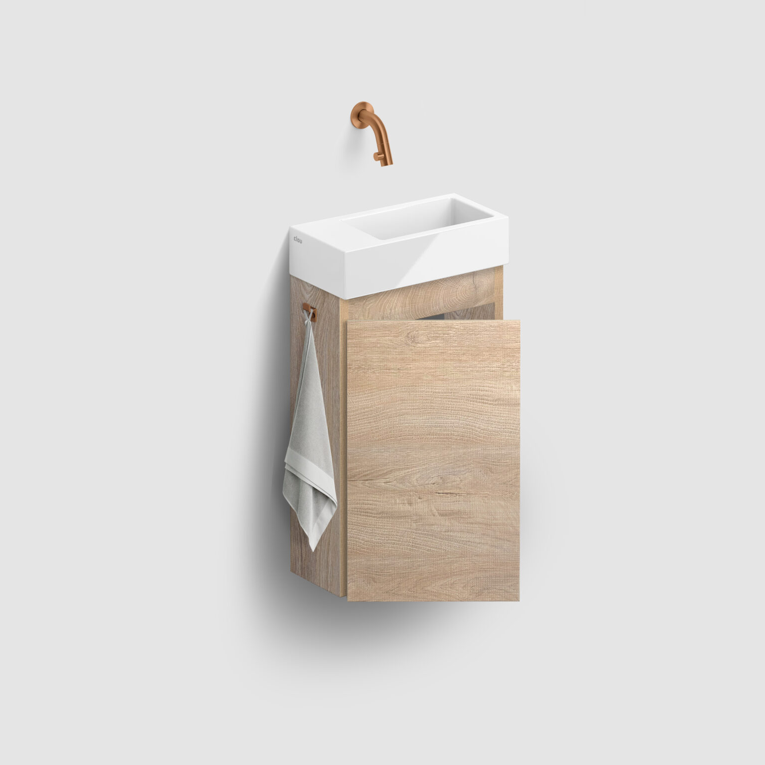 fontein-meubel-kastje-toilet-badkamer-luxe-sanitair-InBe-rechts-clou-IB0716703663L-Grieks-eiken-melamine-36cm-opbergruimte-plankje-deur-fontein-Flush3-links-glanzend-wit-brons-Kaldur-koudwater-wandkraan-fold-haakje-handdoek 