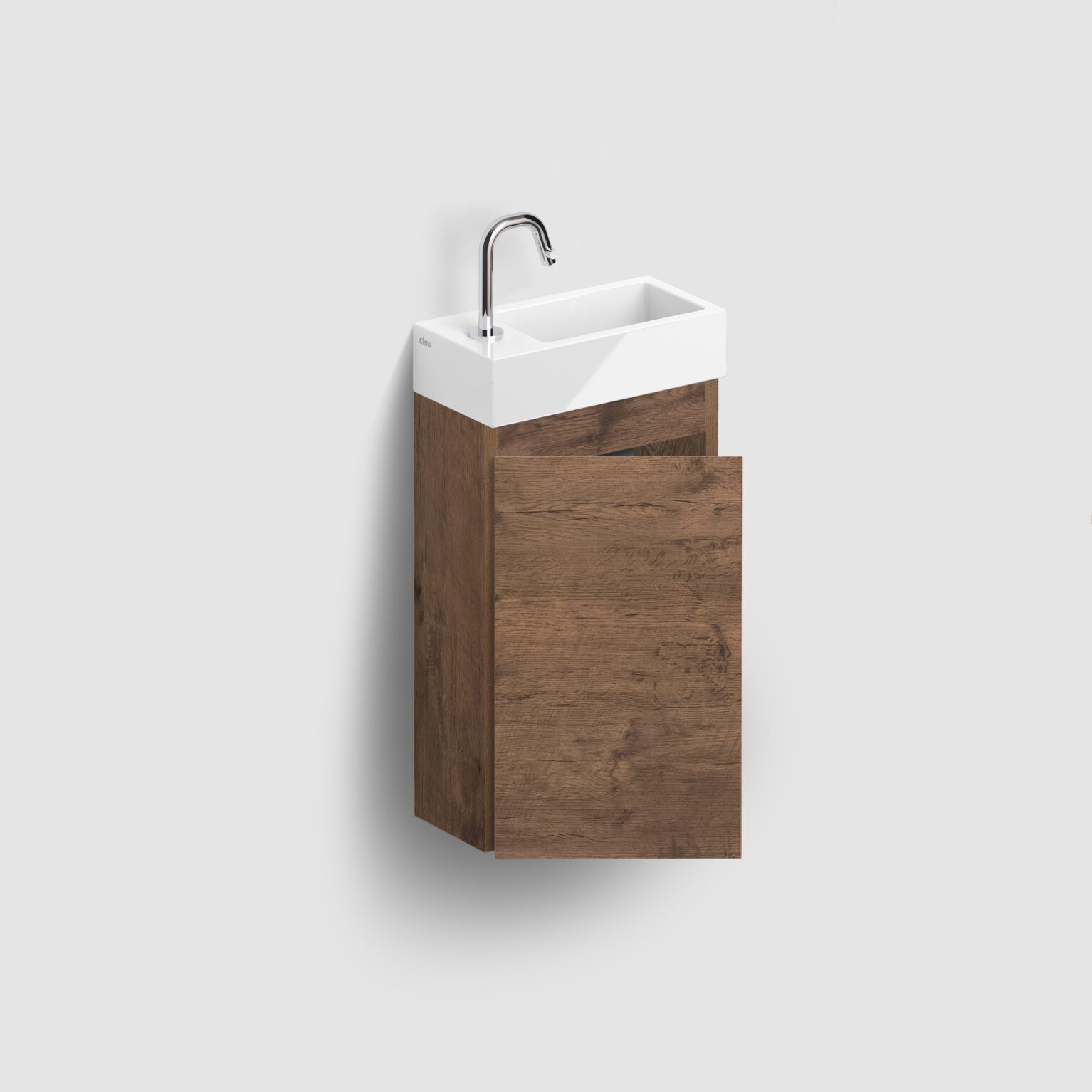 fontein-meubel-kastje-toilet-badkamer-luxe-sanitair-InBe-rechts-clou-IB0716703664L-donker-eiken-melamine-36cm-opbergruimte-plankje-deur-fontein-Flush3-links-glanzend-wit-chroom-Kaldur-koudwater-kraan