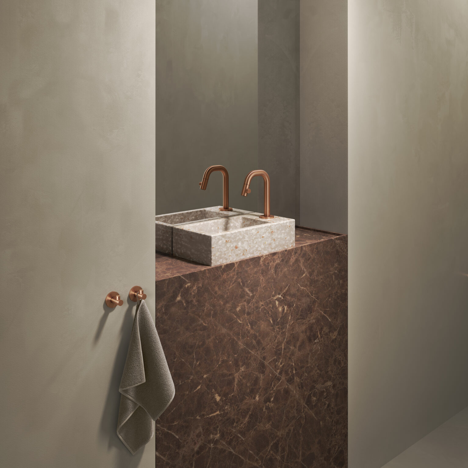 accessoires-haakjes-fontein-toilet-badkamer-luxe-sanitair-Kaldur-clou-CL090506383-brons-pvd-geborsteld-koudwater-kraan-CL060500483R-Flush3-Ecorazzo-terralicht-beige-gerecycledplastic-duurzaam-CL0381031-marmer-betoncire-greige